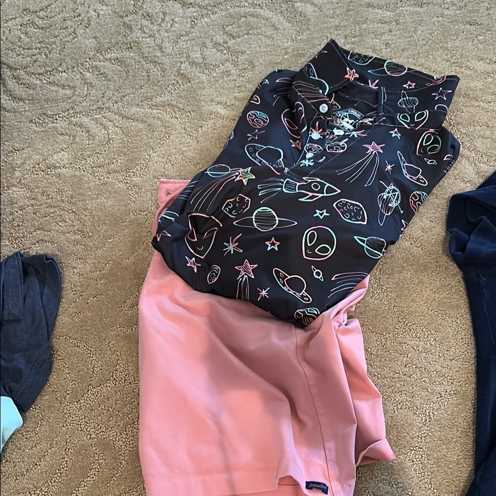 Black Space-Themed Shirt with Pink Pants